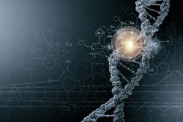 Biochemistry science concept with molecules on blue background