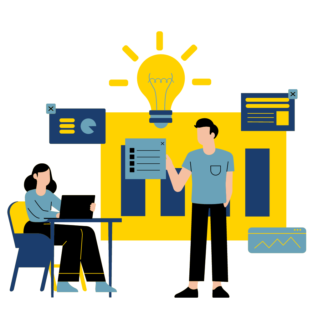 Illustration of a person sitting at a desk with a laptop and another person standing with a lightbulb over their head.