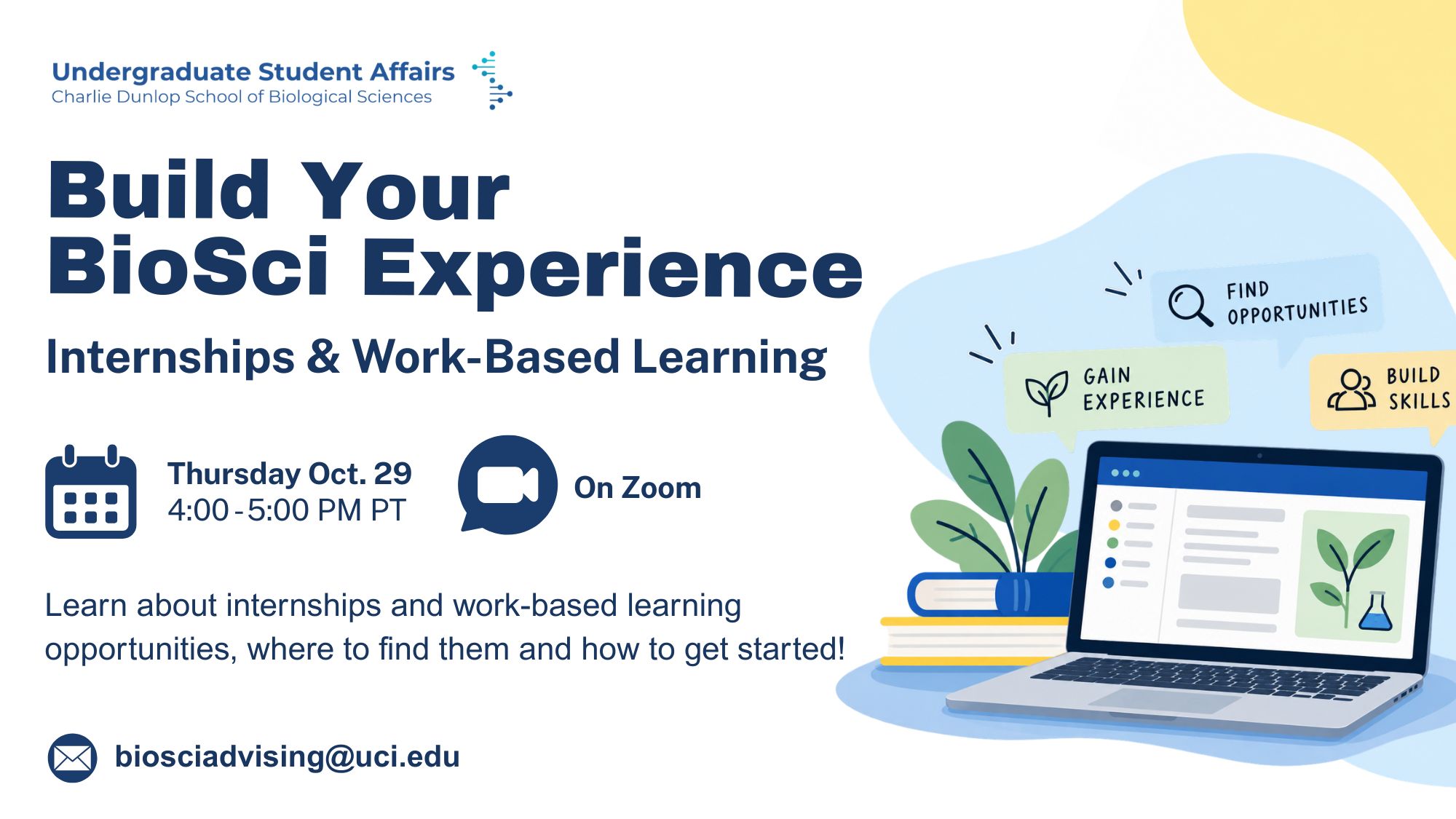 Build your BioSci Experience workshop(13.33 x 7.5 in) BioSci Careers workshop graphic for Build Your BioSci Experience: Internships & Work-Based Learning